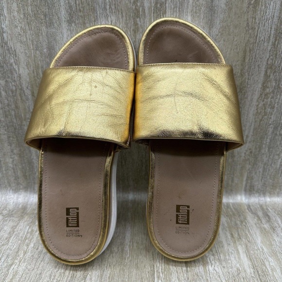 FitFlop Luxe Loosh Slide Sandals Womens‎ 8 Metallic Gold Leather Slip On Shoes - Picture 7 of 12